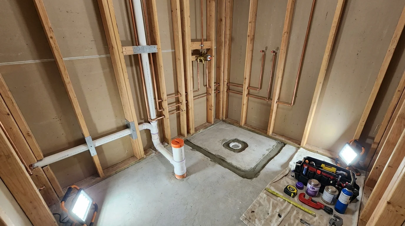 Bathroom rough-in plumbing during remodel by Johns Plumbing LLC in Seabrook