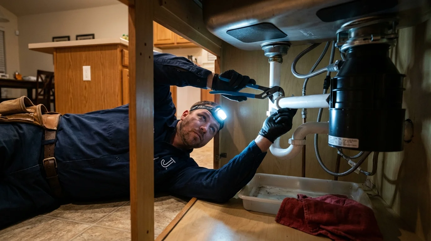 P-trap and supply line connections under a kitchen sink showing a common leak point in Seabrook, TX